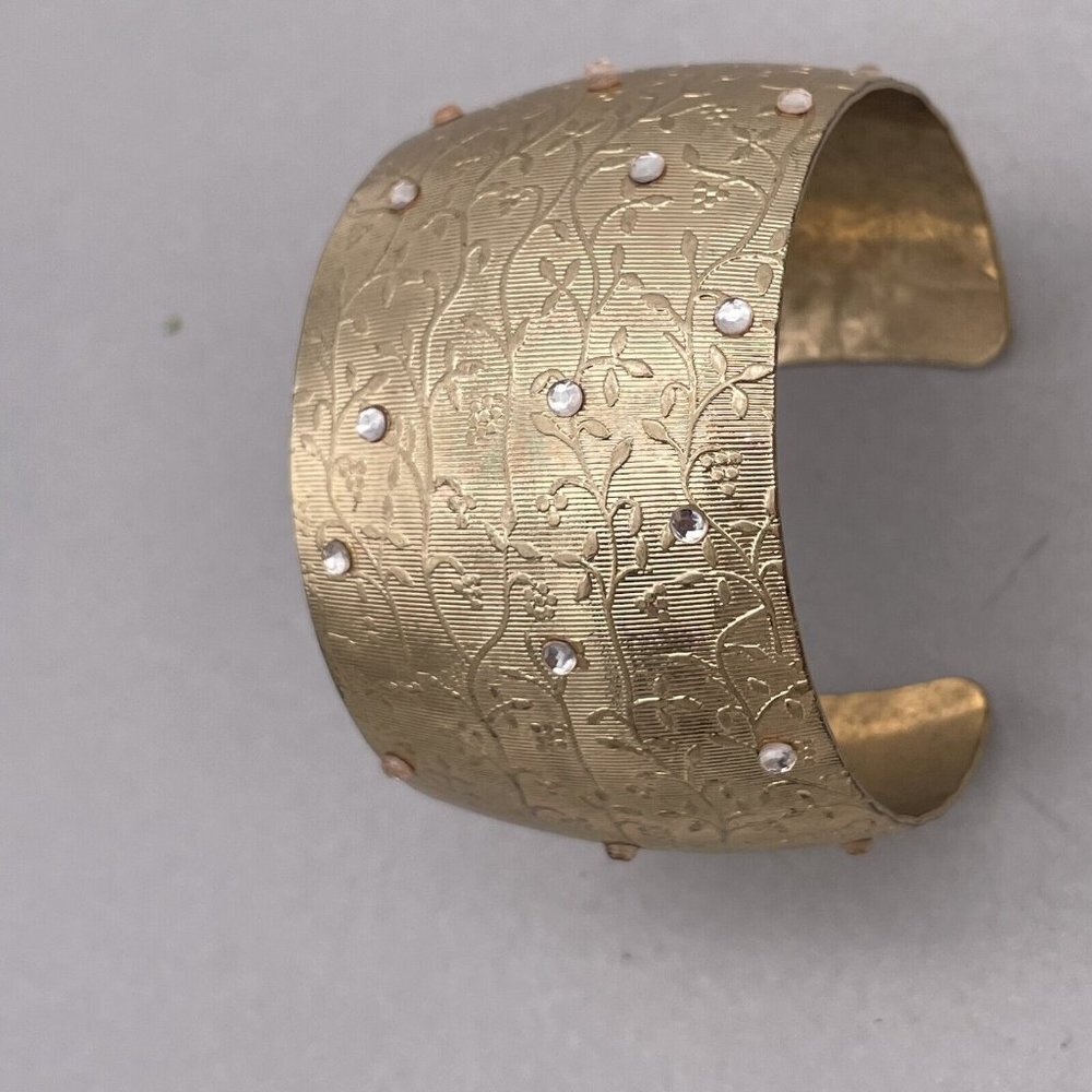 Textured Floral Rhinestone Wide Bangle Bracelet Gold Tone - Picture 4 of 8